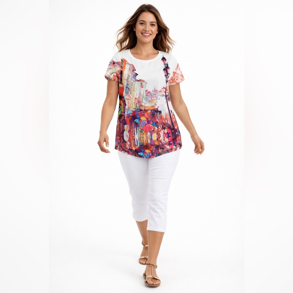 NWT Casual Express Village Colorful Graphic T-Shirt